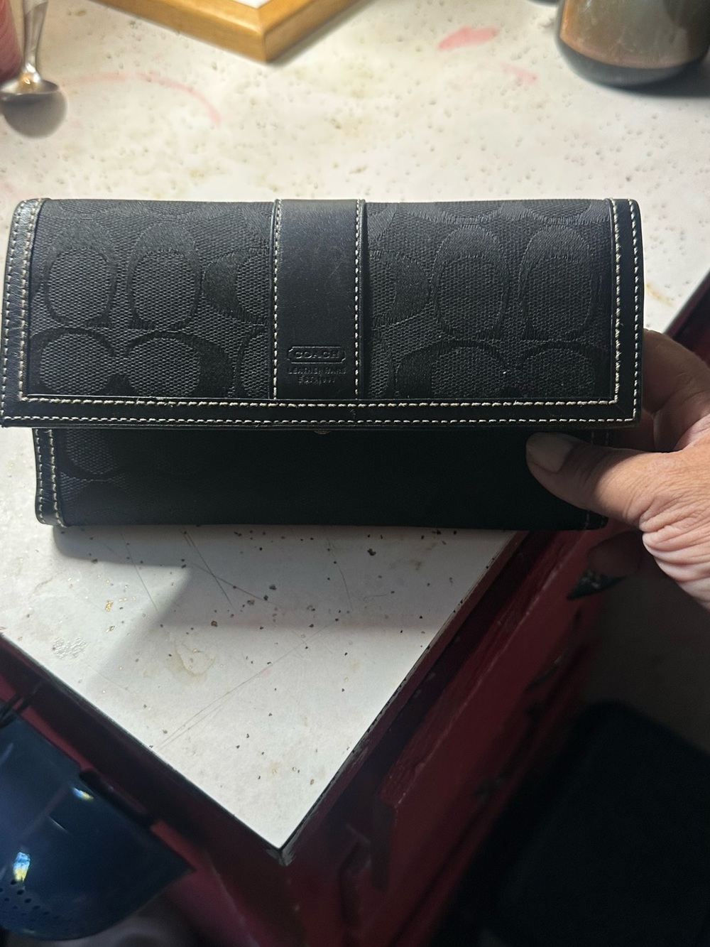 Coach Black Signature Continental Wallet with Contrast Stitching